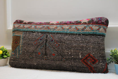 Handmade Gray Wool Lumbar Pillow Cover: Vintage Turkish Rug, 12x24 inc