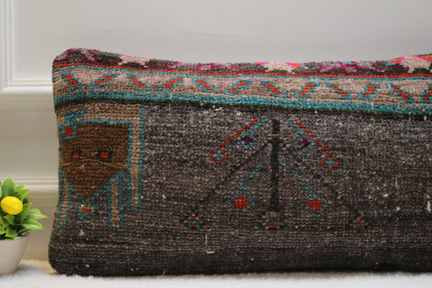 Handmade Gray Wool Lumbar Pillow Cover: Vintage Turkish Rug, 12x24 inc