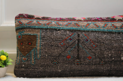 Handmade Gray Wool Lumbar Pillow Cover: Vintage Turkish Rug, 12x24 inc