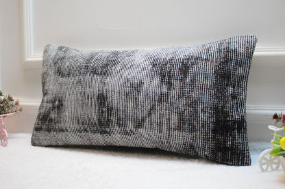 Handmade Kilim Lumbar Pillow Cover: Upcycled Woven Rug, Gray (12x24 inc.)