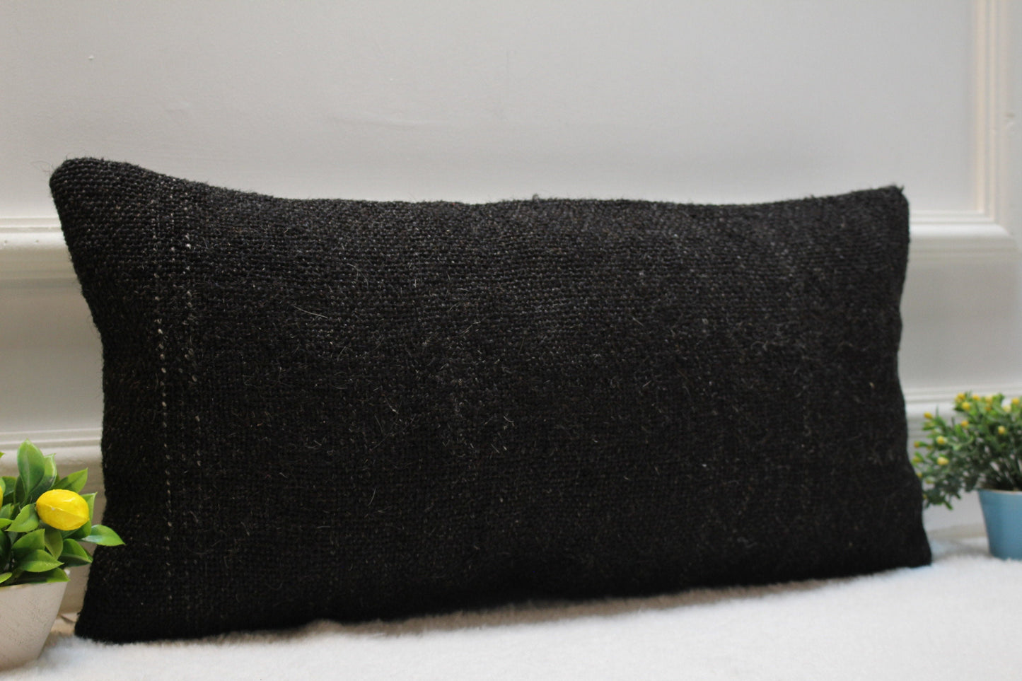 Handmade Black Kilim Lumbar Pillow Cover: Organic Wool, 12x24 inch