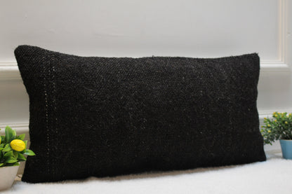 Handmade Black Kilim Lumbar Pillow Cover: Organic Wool, 12x24 inch