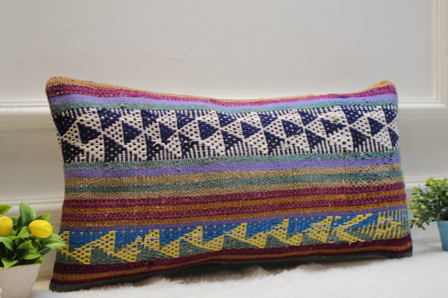 Geometric Kilim Lumbar Pillow Cover: Colorful Woven Wool, 12x24 inch