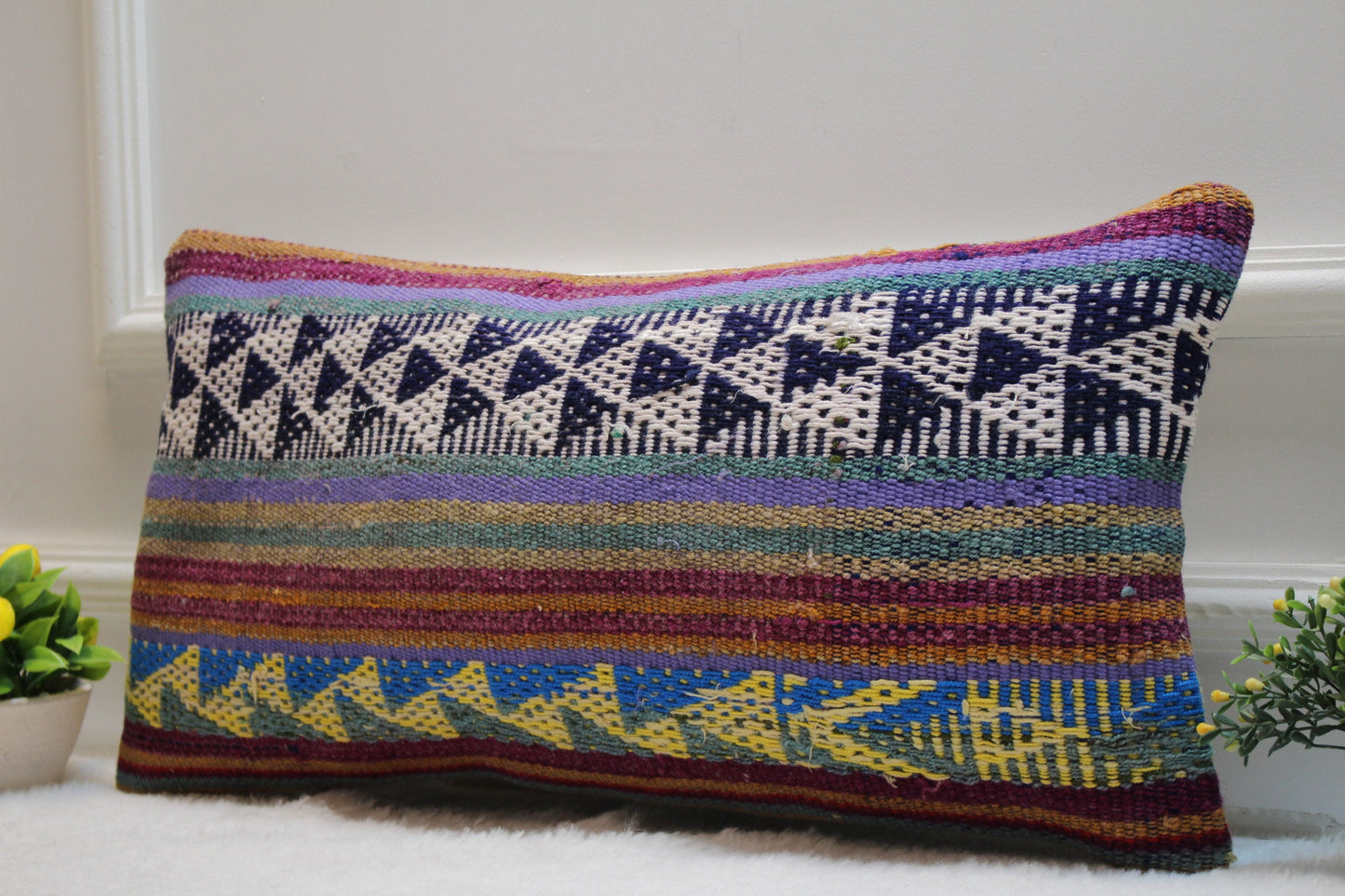 Geometric Kilim Lumbar Pillow Cover: Colorful Woven Wool, 12x24 inch
