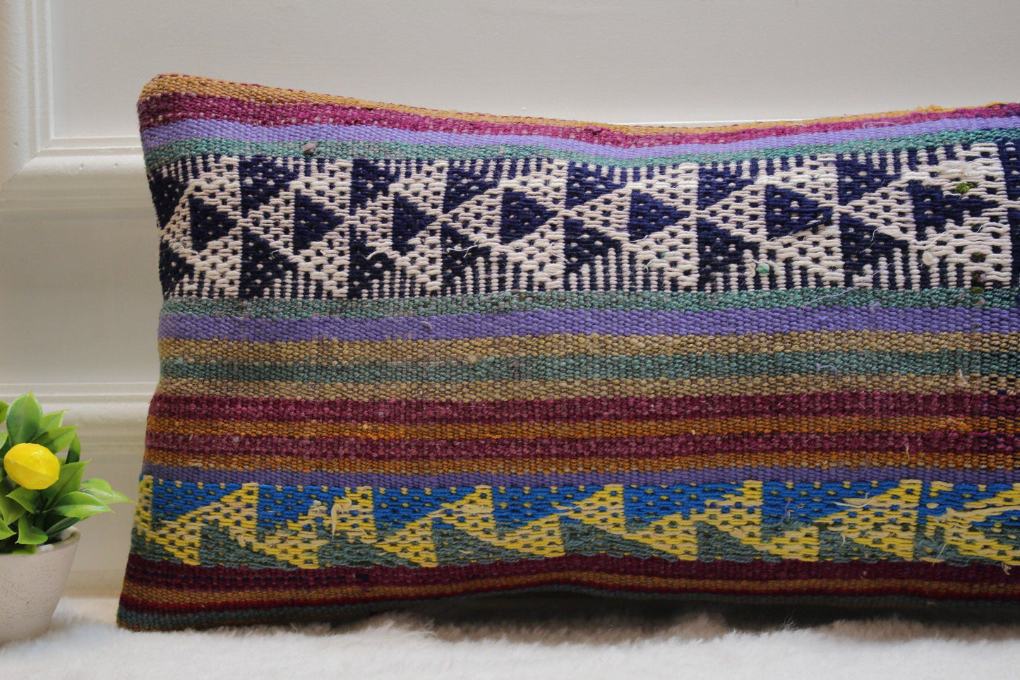 Geometric Kilim Lumbar Pillow Cover: Colorful Woven Wool, 12x24 inch