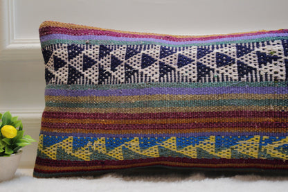 Geometric Kilim Lumbar Pillow Cover: Colorful Woven Wool, 12x24 inch