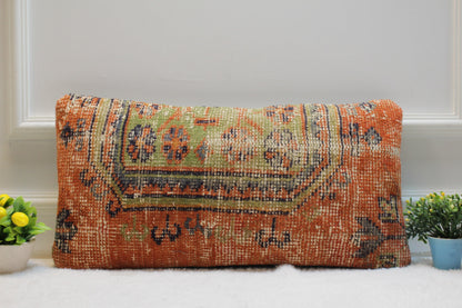 Orange Turkish Rug Pillow Cover: Handmade Wool Lumbar Pillow (12x24 in)
