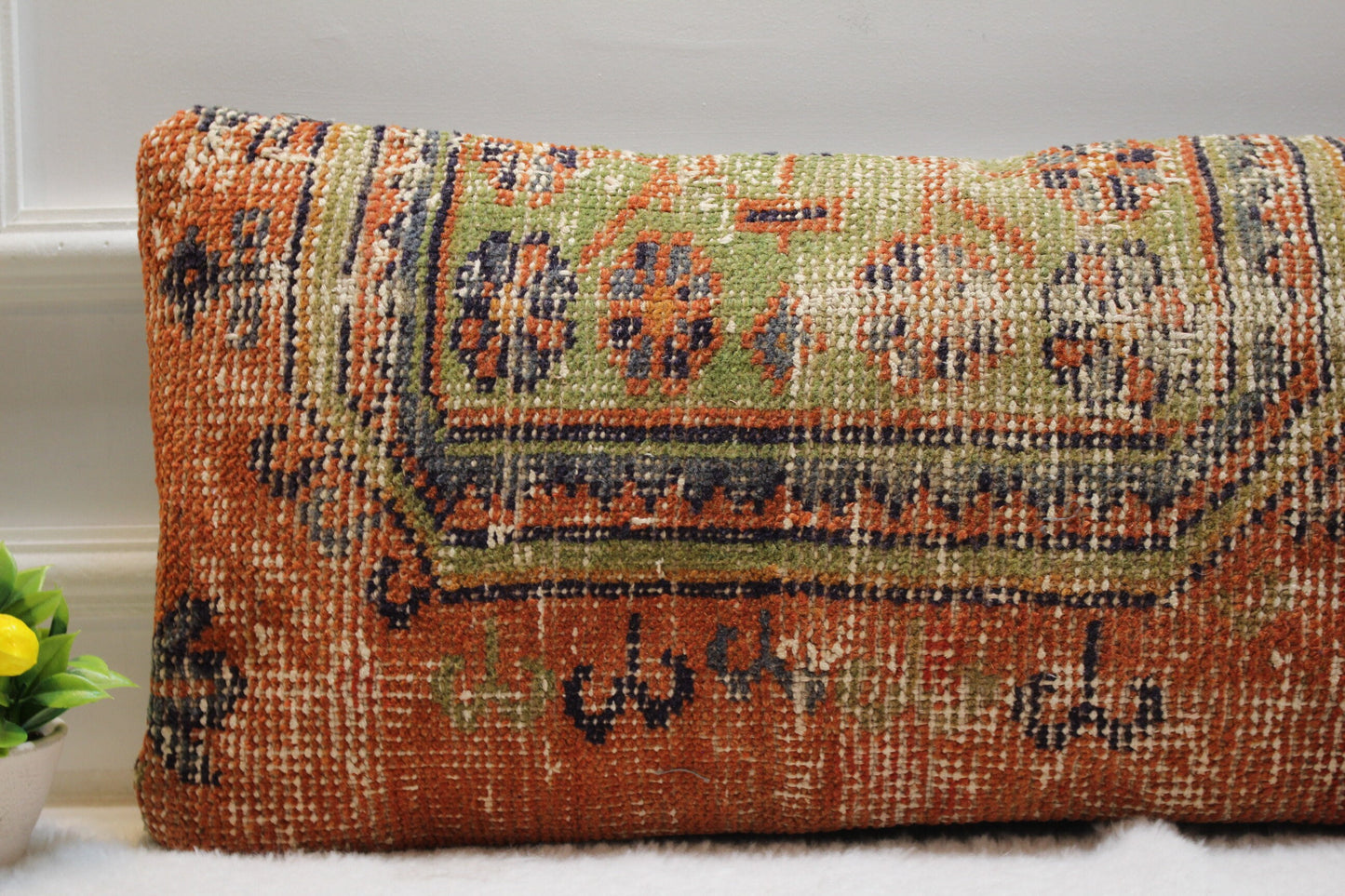 Orange Turkish Rug Pillow Cover: Handmade Wool Lumbar Pillow (12x24 in)