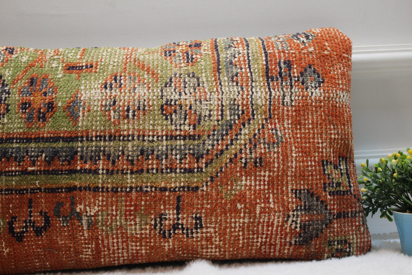 Orange Turkish Rug Pillow Cover: Handmade Wool Lumbar Pillow (12x24 in)