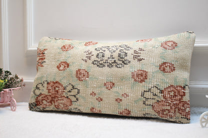 Handmade Kilim Pillow Cover: Upcycled Woven Rug, Beige Floral (12x24 in)