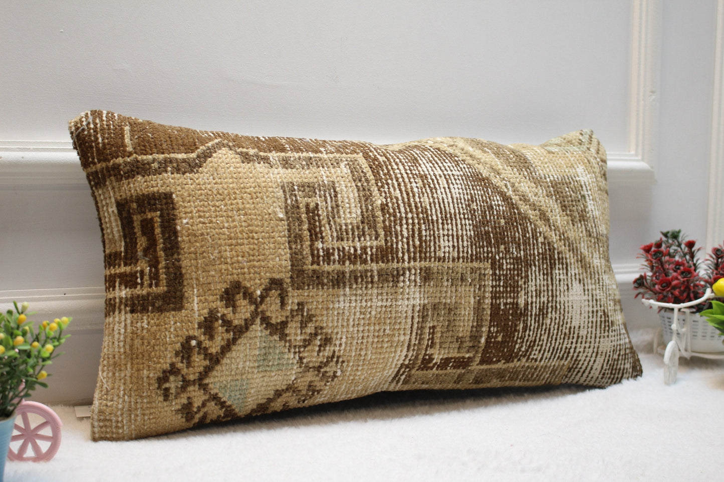 Handwoven Kilim Pillow Cover: Upcycled Wool, Beige Brown (12x24 in)