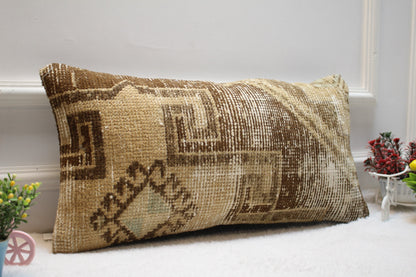 Handwoven Kilim Pillow Cover: Upcycled Wool, Beige Brown (12x24 in)