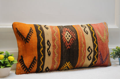 Handmade Kilim Pillow Cover: Ethnic Woven Wool Lumbar Pillow, 12x24 inch