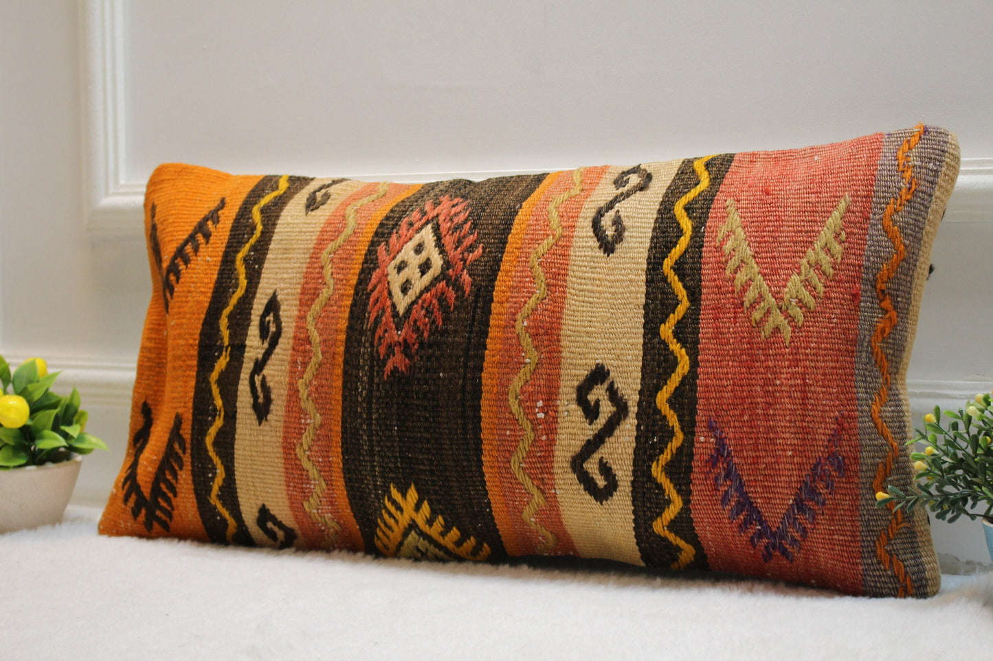 Handmade Kilim Pillow Cover: Ethnic Woven Wool Lumbar Pillow, 12x24 inch