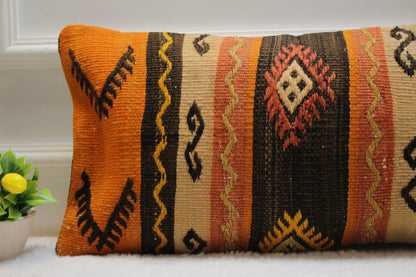 Handmade Kilim Pillow Cover: Ethnic Woven Wool Lumbar Pillow, 12x24 inch