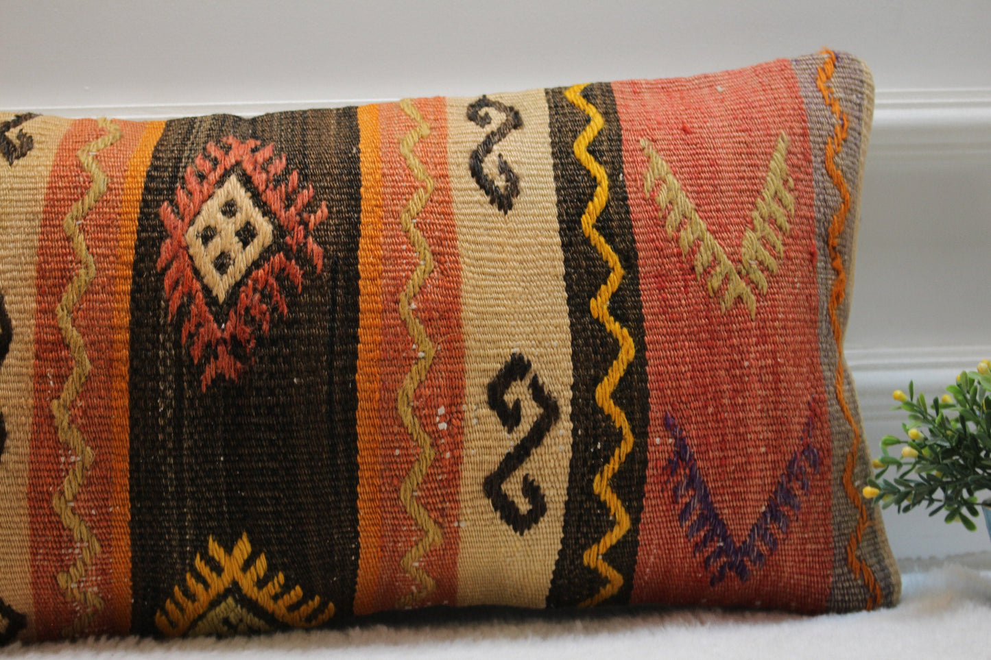 Handmade Kilim Pillow Cover: Ethnic Woven Wool Lumbar Pillow, 12x24 inch