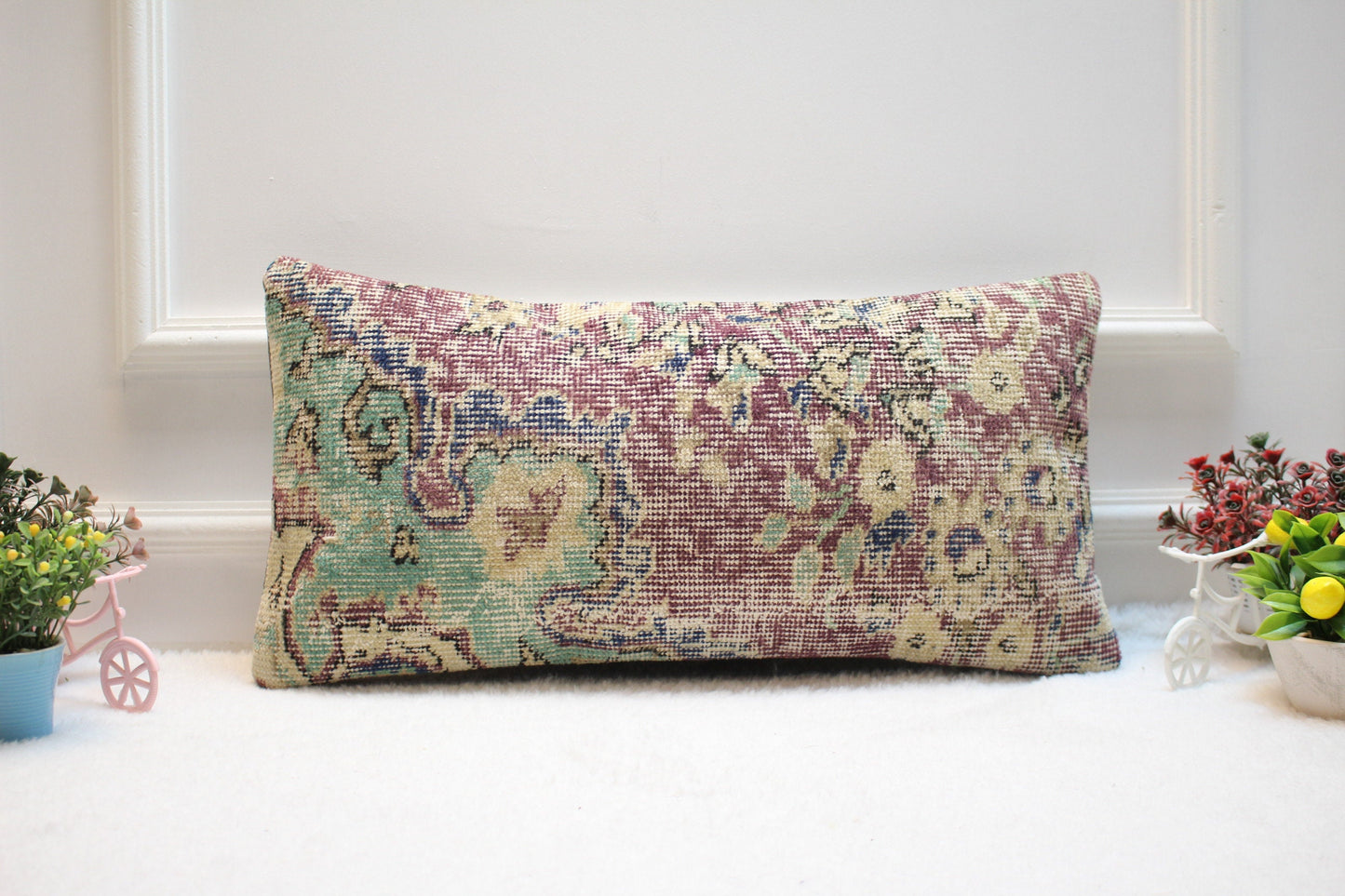 Handmade Kilim Pillow Cover: Upcycled Turkish Rug, Bohemian Decor (12x24 inc)