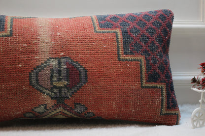 Handwoven Kilim Pillow: Antique Anatolian Wool Lumbar Cover (30x60cm)