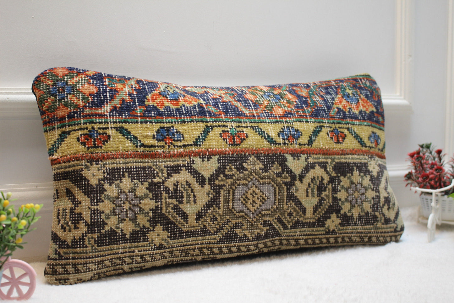 Handmade Kilim Pillow Cover: Upcycled Wool Rug, Bohemian Decor (12X24 inc.)
