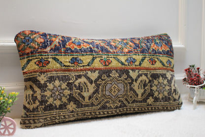Handmade Kilim Pillow Cover: Upcycled Wool Rug, Bohemian Decor (12X24 inc.)