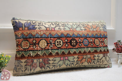 Handwoven Kilim Pillow Cover: Antique Anatolian Rug Lumbar Pillow (30x60cm)
