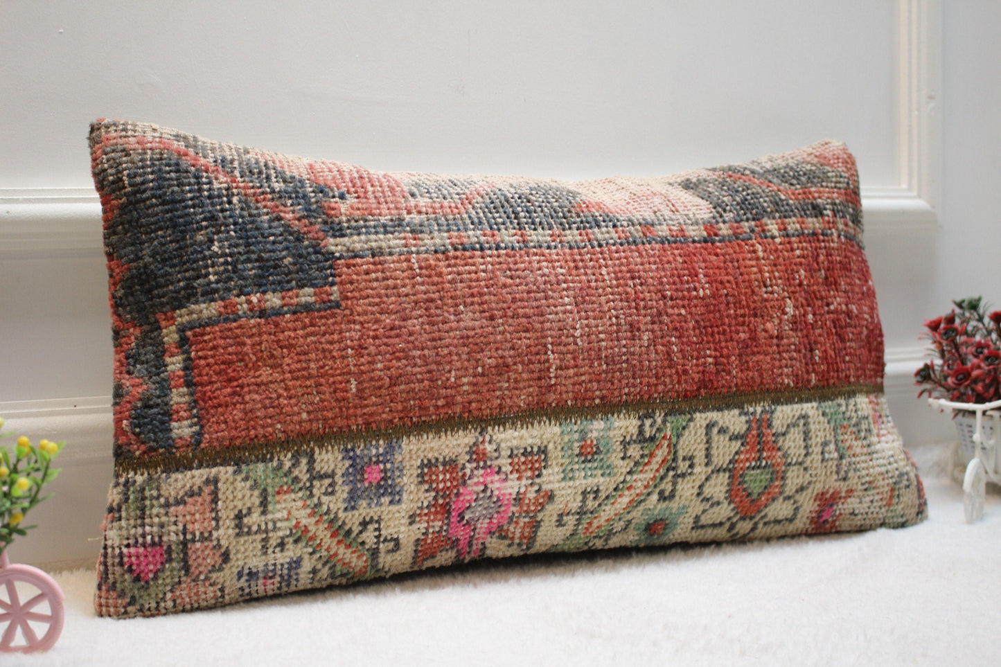 Handmade Kilim Pillow Cover: Red & Black Bohemian Rug Pillow (12X24 Inc)