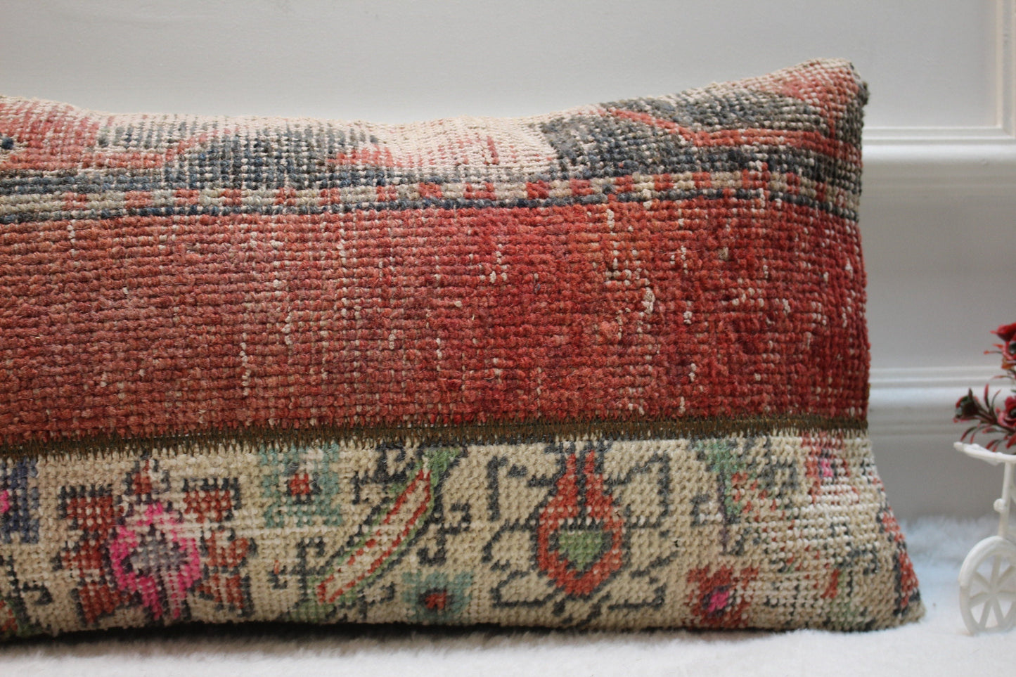 Handmade Kilim Pillow Cover: Red & Black Bohemian Rug Pillow (12X24 Inc)