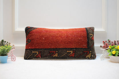 Handmade Kilim Pillow Cover: Upcycled Woven Rug, Red & Black (12x24 in)