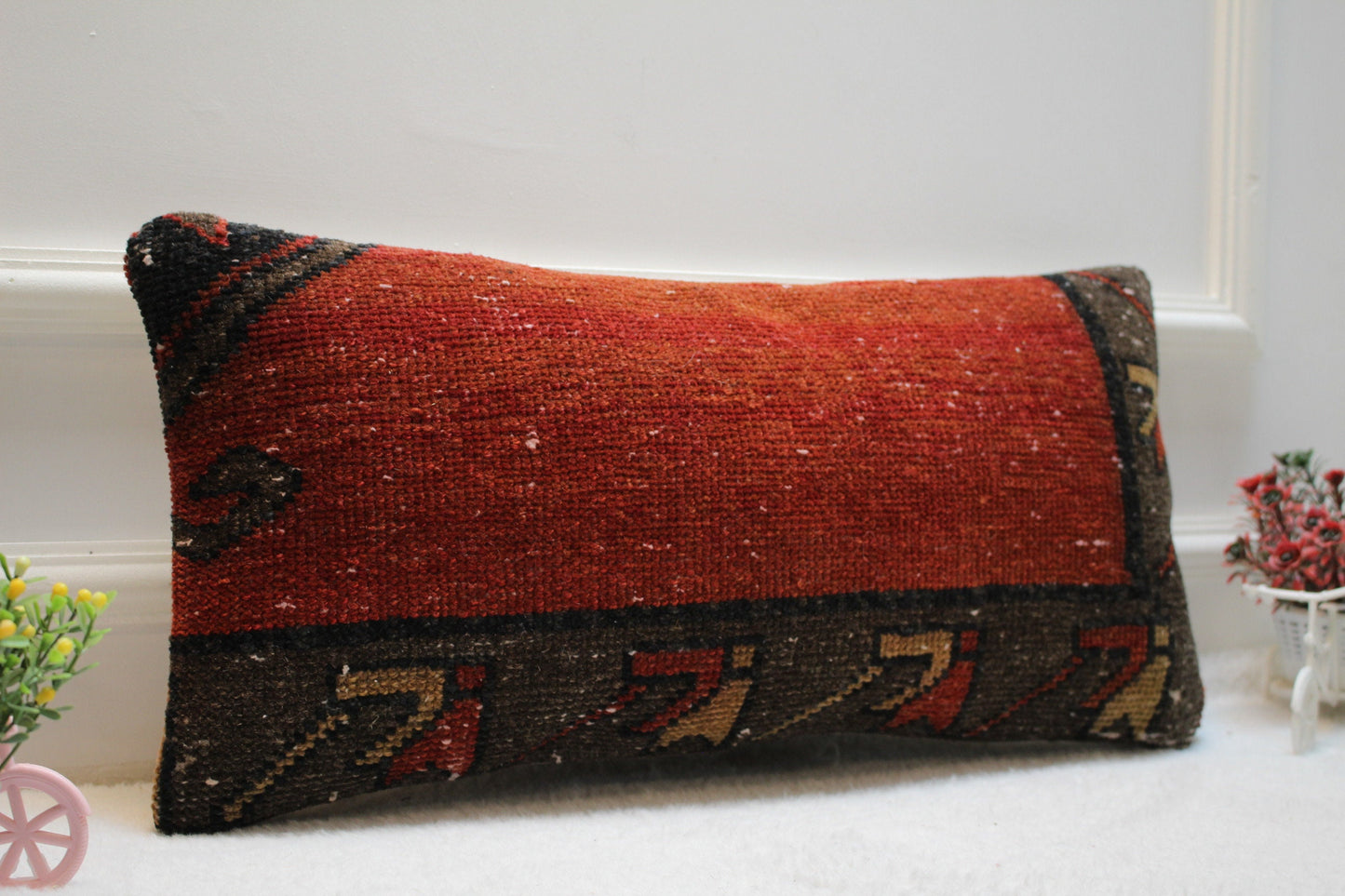 Handmade Kilim Pillow Cover: Upcycled Woven Rug, Red & Black (12x24 in)