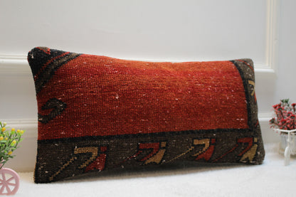 Handmade Kilim Pillow Cover: Upcycled Woven Rug, Red & Black (12x24 in)