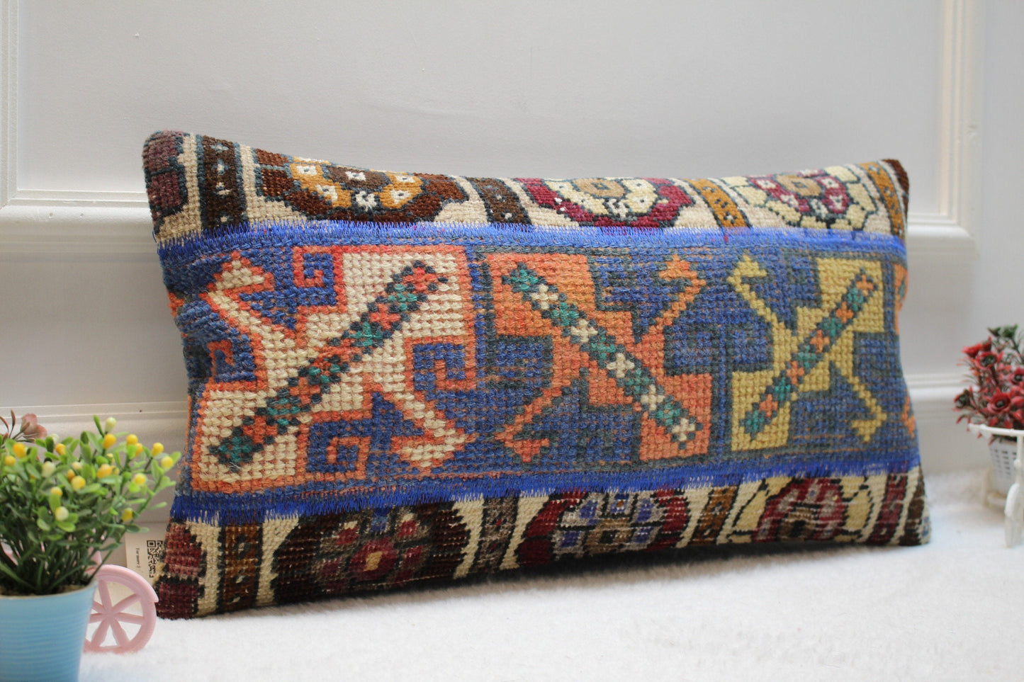 Handwoven Kilim Pillow Cover: Upcycled Tribal Rug, 12x24 inch