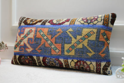 Handwoven Kilim Pillow Cover: Upcycled Tribal Rug, 12x24 inch
