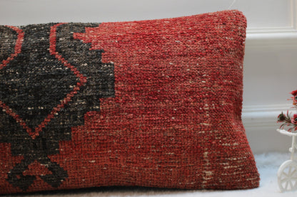 Handmade Kilim Pillow Cover: Red & Black Woven Rug Pillow (12x24 inc)