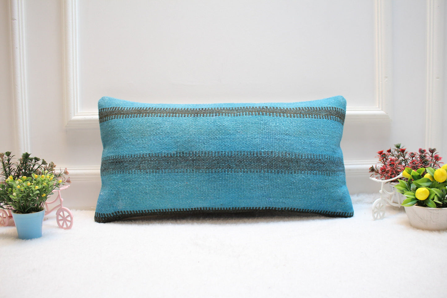 Blue Kilim Pillow Cover: Handwoven Wool, Bohemian Accent (12x24)