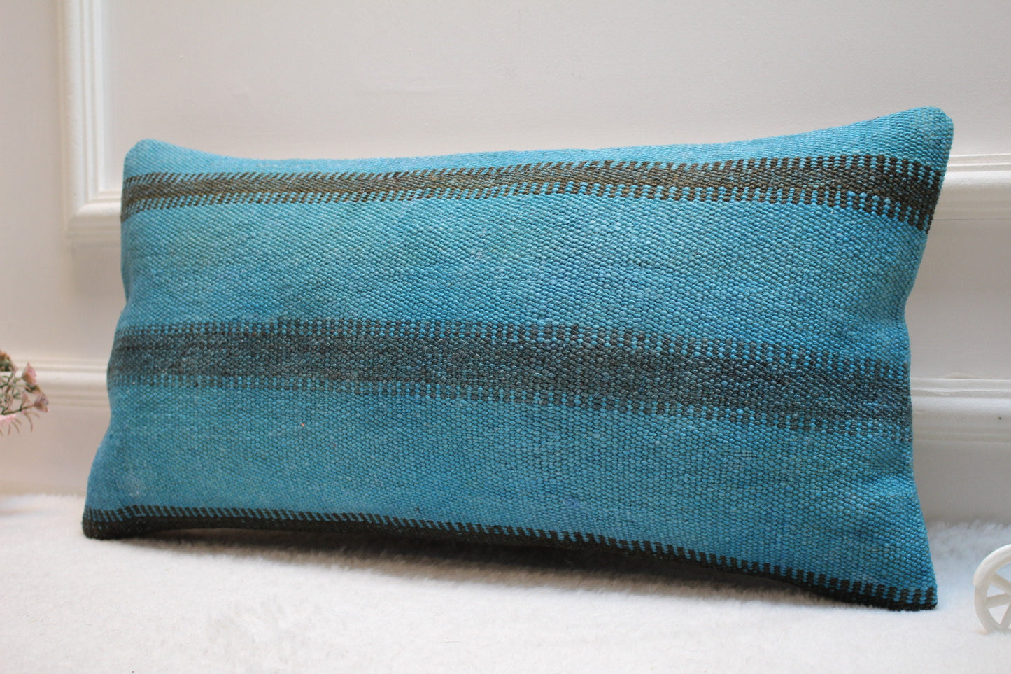 Blue Kilim Pillow Cover: Handwoven Wool, Bohemian Accent (12x24)