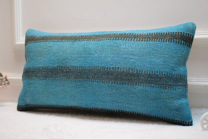 Blue Kilim Pillow Cover: Handwoven Wool, Bohemian Accent (12x24)