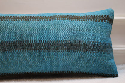 Blue Kilim Pillow Cover: Handwoven Wool, Bohemian Accent (12x24)