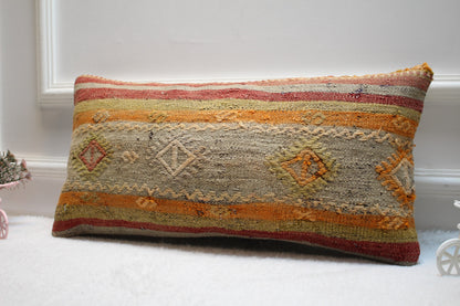 Handmade Kilim Pillow Cover: Upcycled Wool Rug, Bohemian Decor (12x24)