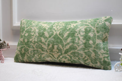 Handmade Kilim Pillow Cover: Upcycled Woven Rug, Green Beige (12X24 inc.)