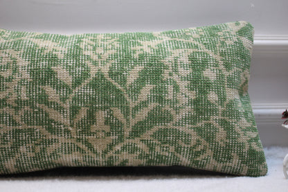 Handmade Kilim Pillow Cover: Upcycled Woven Rug, Green Beige (12X24 inc.)