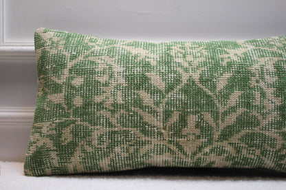 Handmade Kilim Pillow Cover: Upcycled Woven Rug, Green Beige (12X24 inc.)