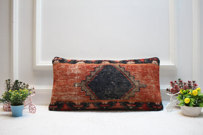 Handmade Kilim Lumbar Pillow Cover, Upcycled Turkish Rug, 12x24