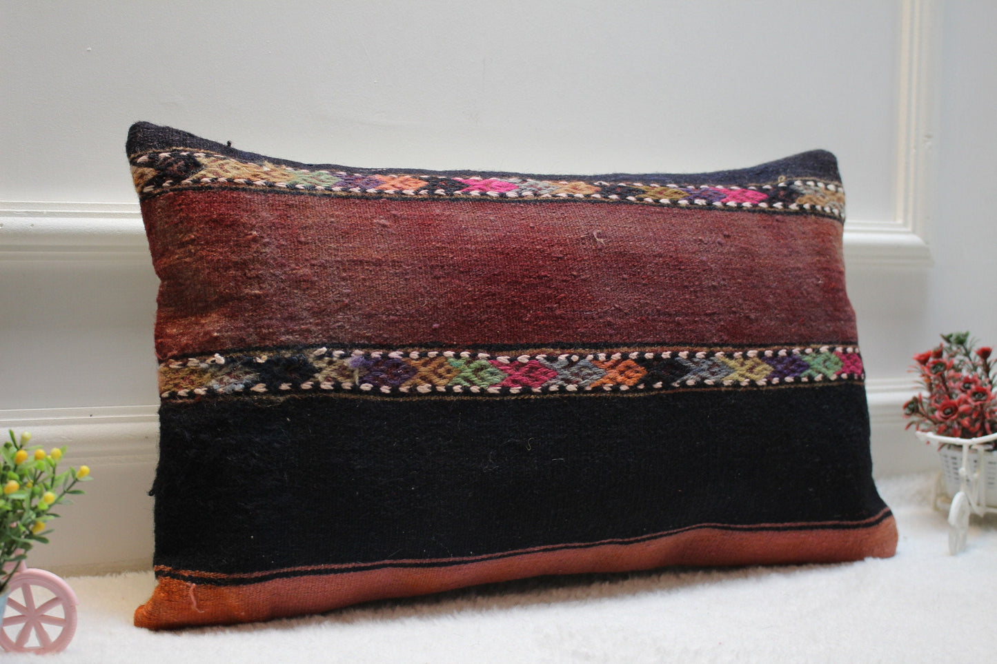 Handmade Kilim Pillow Cover: Upcycled Woven Rug, Bohemian Decor (12x24)