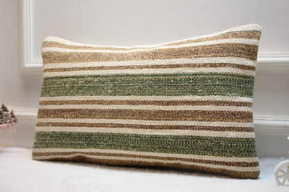 Handmade Kilim Pillow Cover: Upcycled Woven Rug, Green Beige (12x24 in)