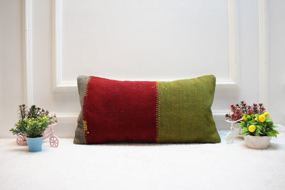Handmade Kilim Pillow Cover: Upcycled Woven Rug, Red Green (12x24 Inc)
