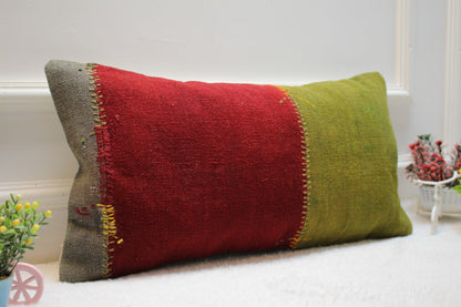 Handmade Kilim Pillow Cover: Upcycled Woven Rug, Red Green (12x24 Inc)