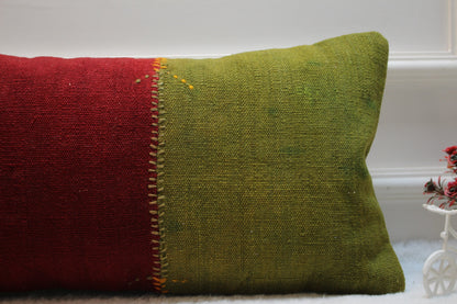 Handmade Kilim Pillow Cover: Upcycled Woven Rug, Red Green (12x24 Inc)