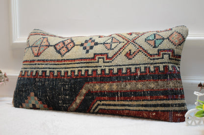 Handmade Kilim Pillow Cover: Upcycled Turkish Rug, Blue & Beige (12x24 in)