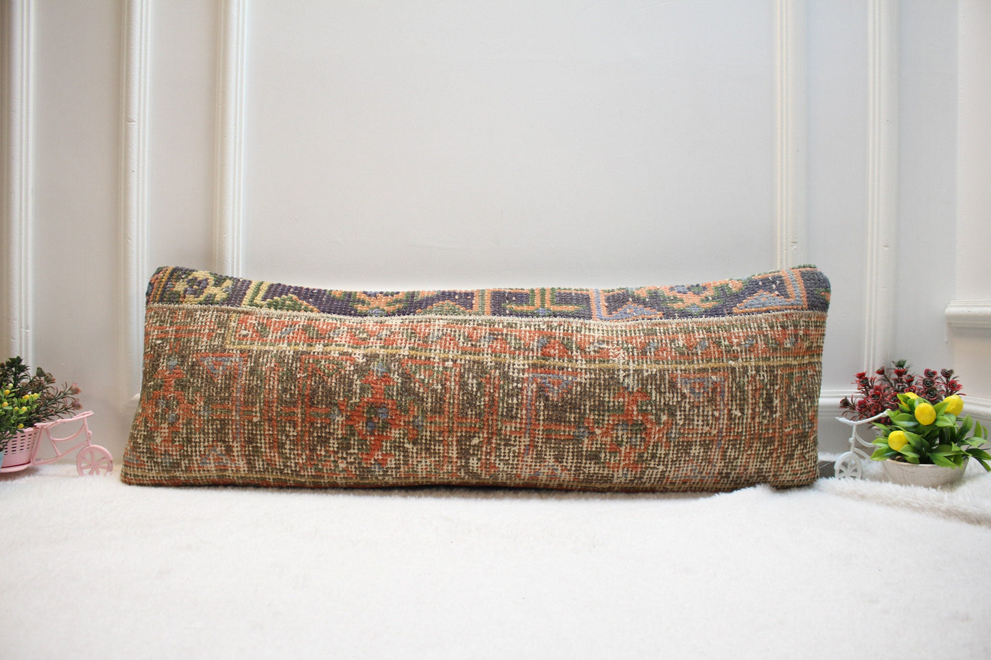 Vintage Turkish Rug Lumbar Pillow Cover: Handmade Organic Wool, 12x36 in