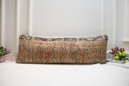 Vintage Turkish Rug Lumbar Pillow Cover: Handmade Organic Wool, 12x36 in